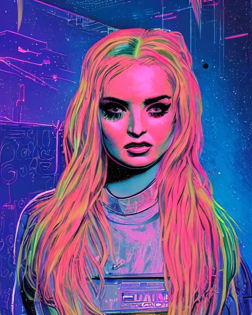 Image similar to a pulp illustration of a gorgeous kim petras in dead space, with wild blonde hair and haunted eyes, 1 9 7 0 s, space station, neon light, delicate embellishments, painterly, offset printing technique
