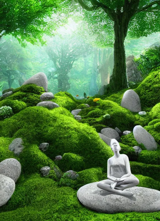 Image similar to hyper realistic render of a heavenly garden of peace, filled with trees, stone slab, flowers, moss, ferns, a girl meditating at a distance, trending on artstation, volumetric lighting, hyper realistic, hyper detailed, high quality render, blender guru