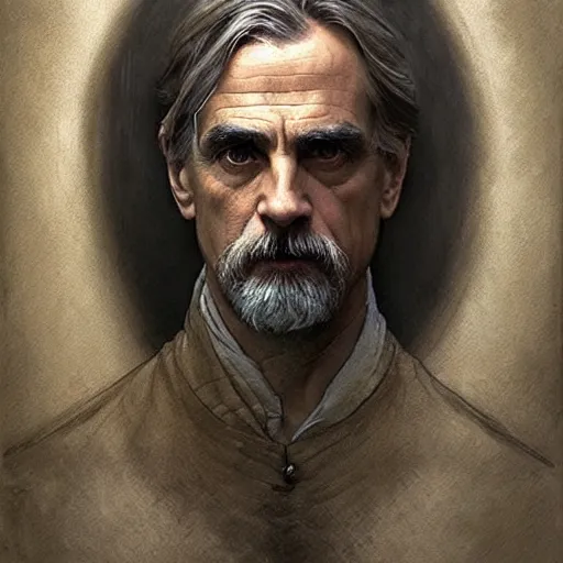 Image similar to amazing lifelike award winning pencil illustration of Jeremy irons intense stare beautiful trending on art station artgerm Greg rutkowski alphonse mucha cinematic