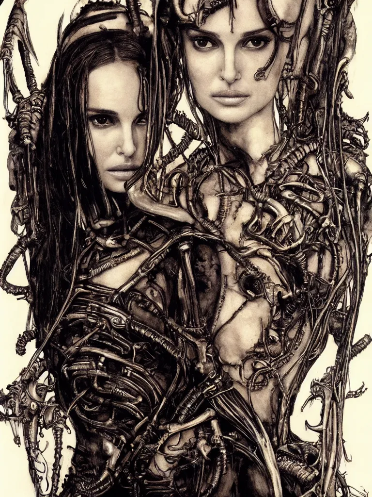 Image similar to a beautiful portrait of natalie portman with a xenomorph queen by h.r. giger and by arthur rackham and by john william waterhouse, detailed, proportional, trending on art station, 4k