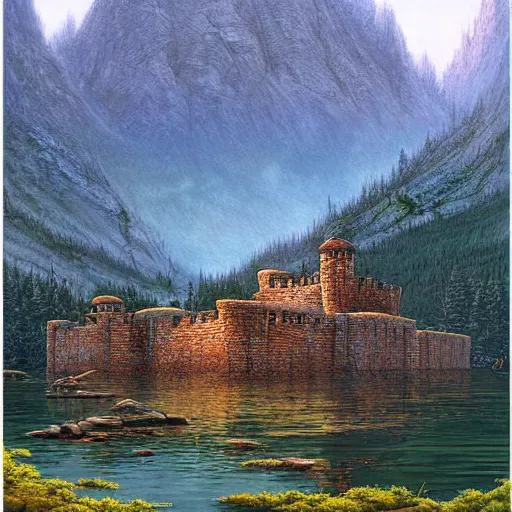 Image similar to fortress in the back country beside a lake, Darrell k sweet, digital art