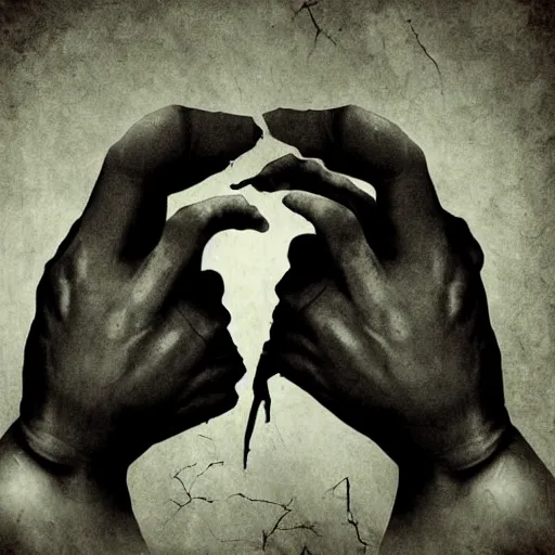 Image similar to hands ripping a heart in two broken pieces, sadness, dark ambiance, an album cover by Godfrey Blow, featured on deviantart, lyco art, artwork, photoillustration, poster art