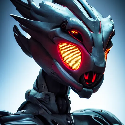 Image similar to stunning bust of a beautiful anthropomorphic humanoid robot mecha female dragon, with smooth and streamlined armor, standing and posing elegantly, well detailed dragon head with epic LED eyes and a sharp glowing maw, sharp and dangerous sleek design, two arms, beautiful digital art, artstation, DeviantArt, FurAffinity, professional, depth of field, close-up, hd, octane render, sunset lighting