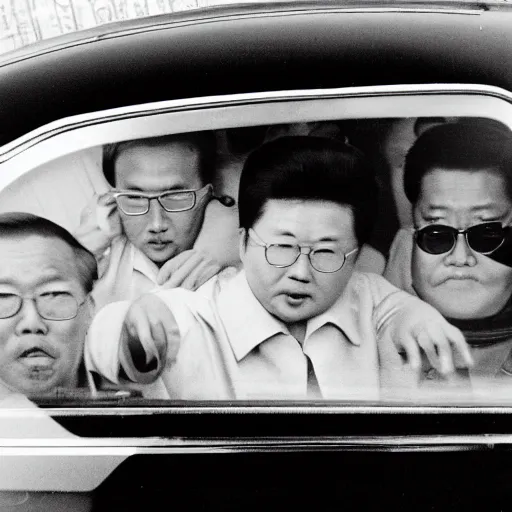 Image similar to 1960s press archive of middle-aged Kim Jong-il coming out of a car, face obscured, Reuters, 35mm film, film grain, mysterious exterior, underexposed