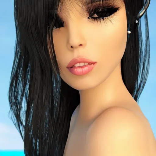 Image similar to black-haired beauty in 3D style , in a bikini , knee-length hair , 2K