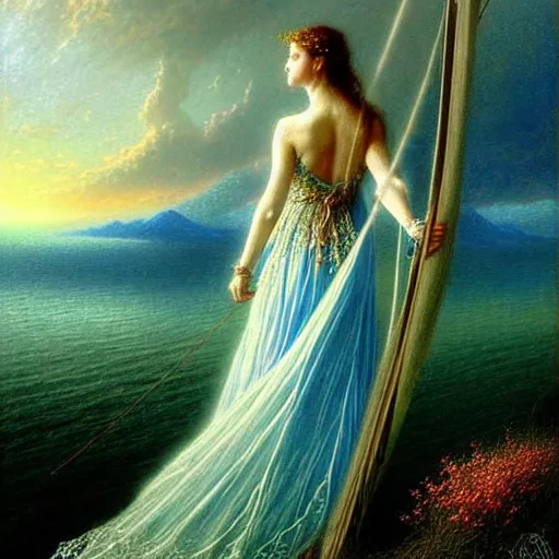 Image similar to an elegant fairy queen in a blue lace dress dancing looking out at a lord of the rings scenery landscape, staring across the sea at a white timber sail boat, sunrise, god's rays highly detailed, vivid colour, soft clouds, floral sunset, cinematic lighting, perfect composition, gustave dore, derek zabrocki, greg rutkowski, belsinski