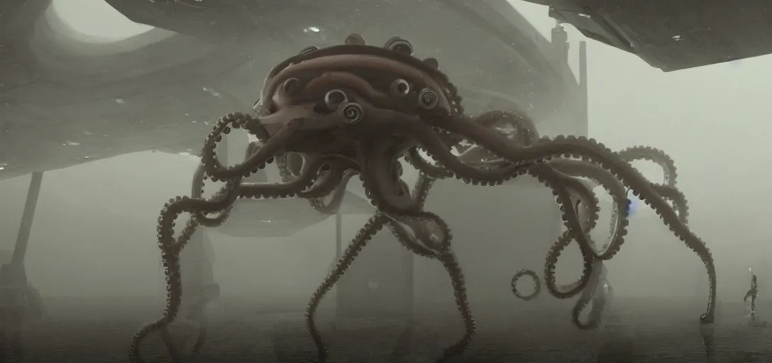 Image similar to a robotic octopus climbing out of a storm drain, foggy, cinematic shot, photo still from movie by denis villeneuve, wayne barlowe