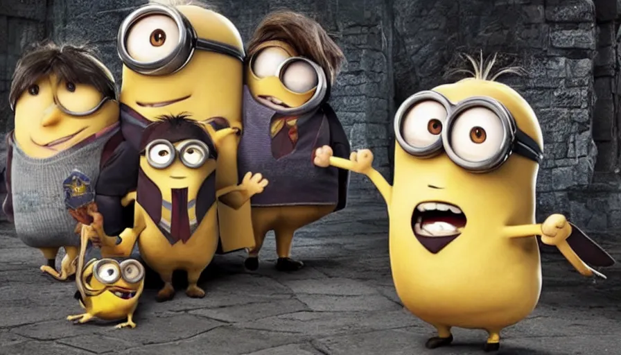 Prompt: Harry Potter!!, Harry Potter!!, (((the minions)))