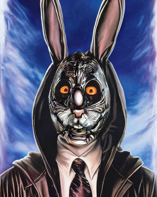 Image similar to frank halloween rabbit mask in donnie darko, airbrush, drew struzan illustration art, key art, movie poster