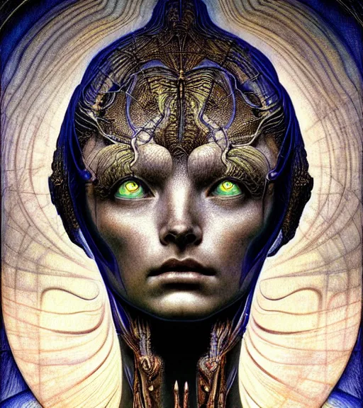 Image similar to detailed realistic beautiful young alien robot as queen of mars face portrait by jean delville, gustave dore and marco mazzoni, art nouveau, symbolist, visionary, gothic, pre - raphaelite. horizontal symmetry by zdzisław beksinski, iris van herpen, raymond swanland and alphonse mucha. highly detailed, hyper - real, beautiful