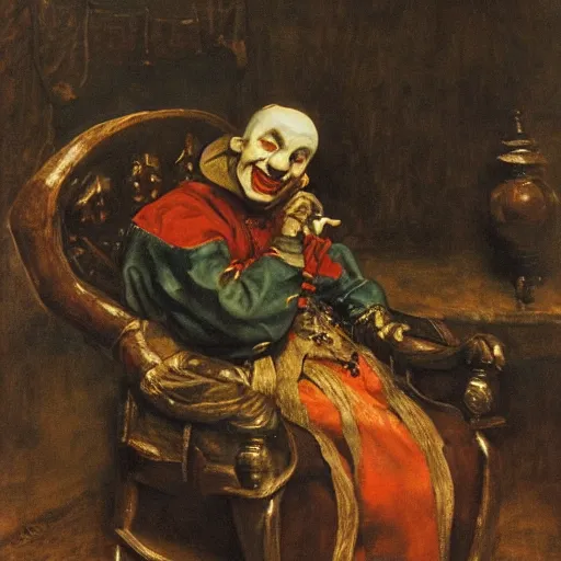 Image similar to a jester slumped over in an armchair, dark lighting, oil painting, by jan matejko