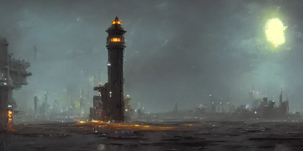 Prompt: concept art of a lone towering sci - fi lighthouse at the cape of a big city, grimy, gritty, blade runner 2 0 4 9, trending on artstation, award winning painting, cgi, art by john berkey and anton fadeev and john howe and simon stalenhag