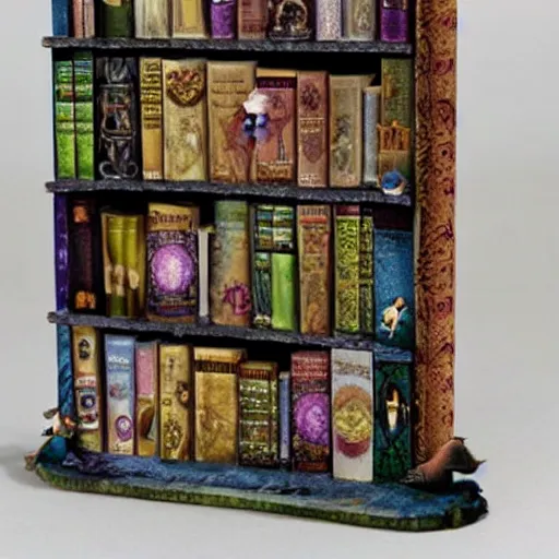 Image similar to enchanted bookshelves, in the style of colin thompson, highly detailed, playful fantasy