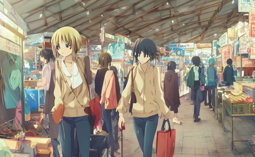 Image similar to An anime girl walking through a flea market, browsing the stalls, anime scenery by Makoto Shinkai, digital art