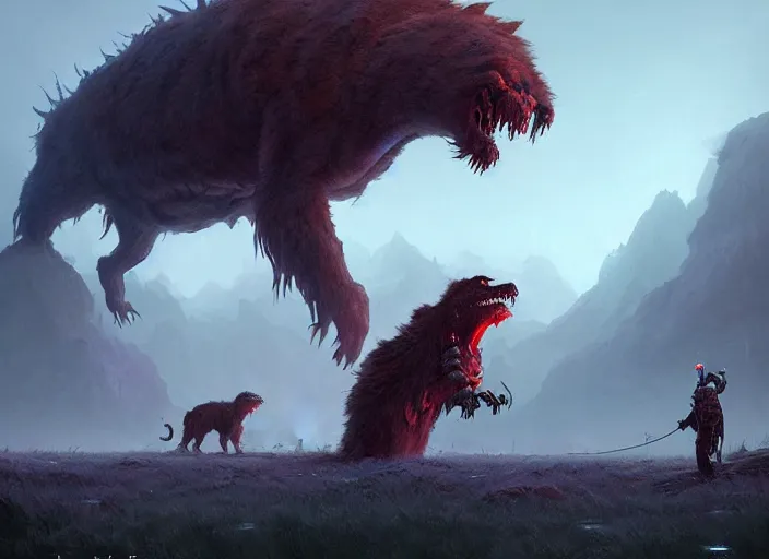 Prompt: giant monstrous aggressive furry creature lurking over a cowering smaller creature, in the foreground a small town, epic science fiction horror digital matte painting by Simon Stalenhag and Mark Brooks (and Greg Rutkowski), extremely detailed, artstation