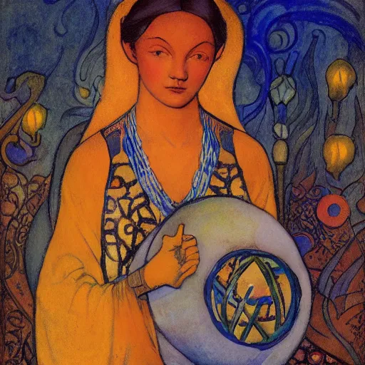 Image similar to the dawn queen with her lantern, by annie swynnerton and diego rivera and nicholas roerich, symbolist, dramatic lighting, elaborate geometric ornament, art brut, smooth, sharp focus, extremely detailed, leo and diane dillon, adolf wolfli, soft pastel colors