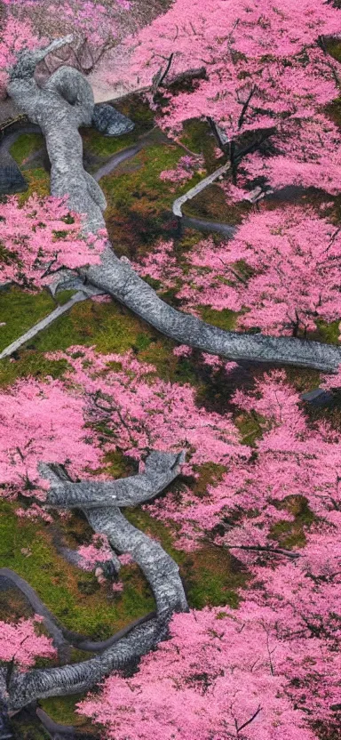 Image similar to “ a aerial photo of tyrannosaurus at a sakura tree, side shot, by shunji dodo, 8 k resolution, high quality ”