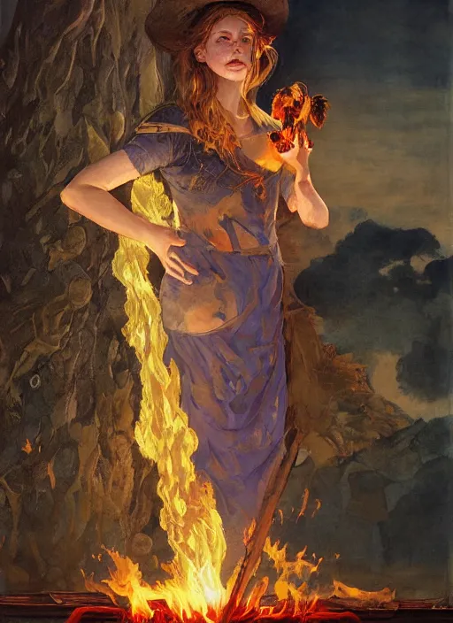 Prompt: symmetry! half length portrait of a bautiful firy witch girl burning with a goat in her hands, glowing fire, clouds, sunset, studio light, by mikhail vrubel, by peter elson, muted colors, extreme detail, trending on artstation, 3 5 mm, 8 k