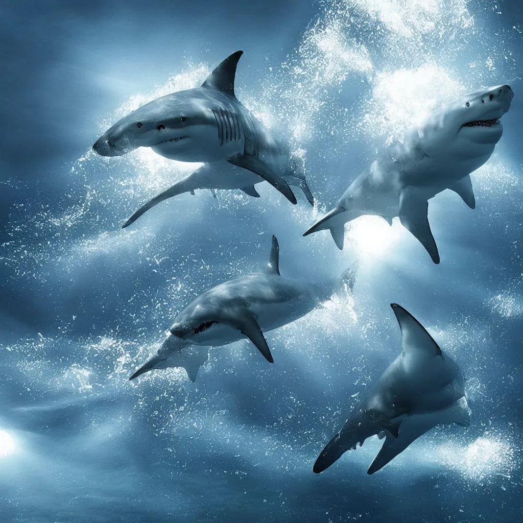 Image similar to great white sharks lurking in the deep ocean, volumetric lighting, sun rays