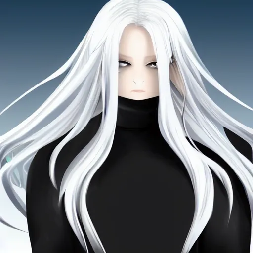 Image similar to young woman with long wavy light silver hair, with blackness instead of eyes, anime