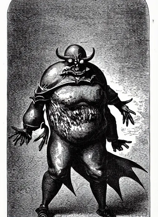Image similar to illustration of dr. robotnik as a demon from the dictionarre infernal, etching by louis le breton, 1 8 6 9, 1 2 0 0 dpi scan, ultrasharp detail, clean scan