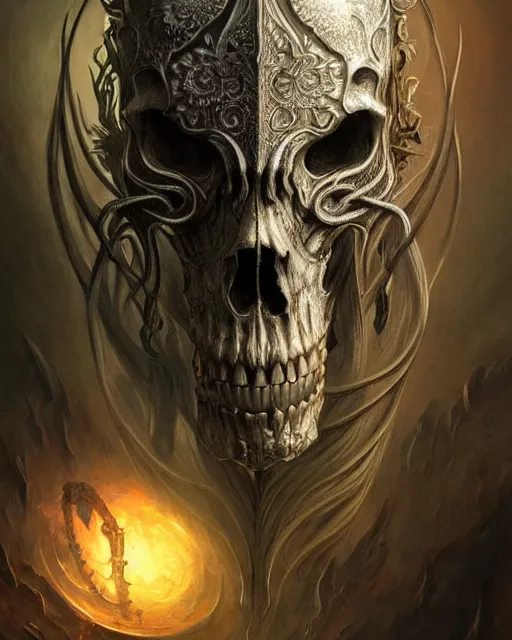 Image similar to fractal skull horse by giger, deep focus, d & d, dark fantasy, intricate glow accents, elegant, highly detailed, digital painting, artstation, concept art, matte, sharp focus, 8 k 3 d, hearthstone, art by artgerm and greg rutkowski and alphonse mucha