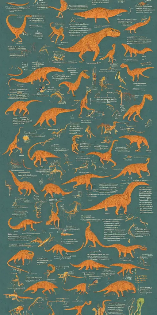 Image similar to anatomy of a dinosaur, diagrams, map, marginalia, sketchbook, old script, inhabited initials, pastel infographic by Wes Anderson and victo ngai