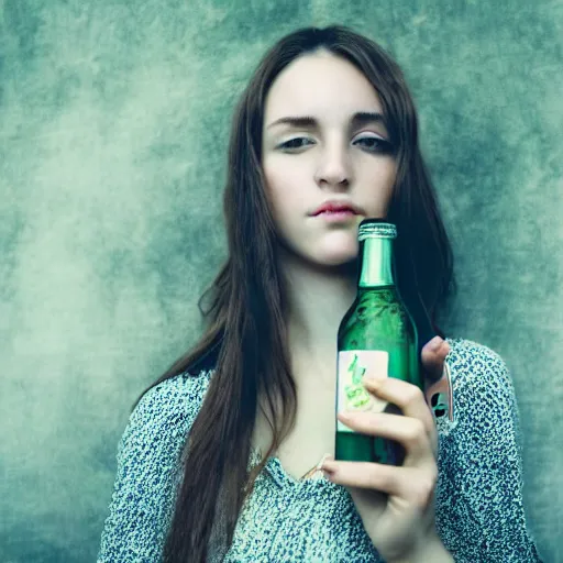 Prompt: lomo photograph, intricate detail, hyper detail, young beautifull woman, very tired, full body potrait holding bottle, hazel green eyes, realistic, highlydetailed, natural, model shoot, masterpiece, sharp focus,