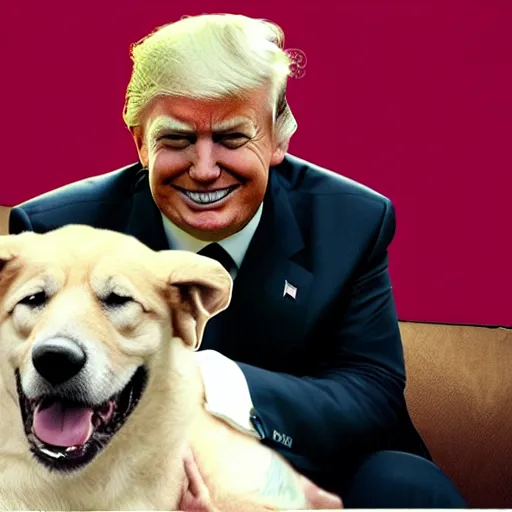 Image similar to donald trump smiling with a dog on his lap