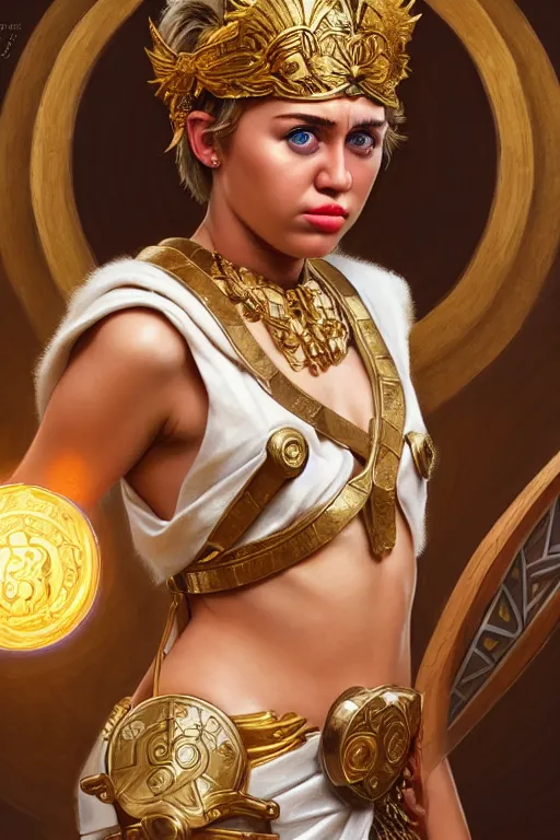 Image similar to miley cyrus as greek goddess athena, closeup, d & d, fantasy, intricate, elegant, highly detailed, digital painting, artstation, concept art, matte, sharp focus, illustration, hearthstone, art by artgerm and greg rutkowski and alphonse mucha