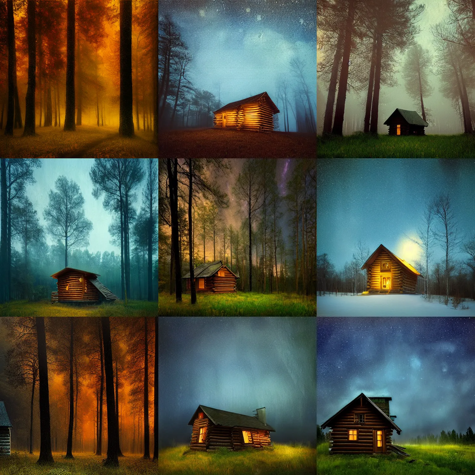 Prompt: [ a log cabin in the forest ] [ van gogh ] [ mikko lagerstedt ]