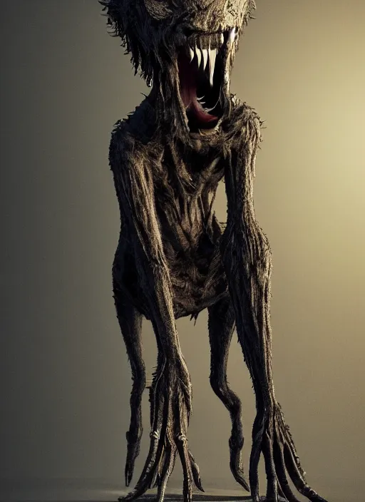 Image similar to tall bipedal creature in the darkness, long claws, large long pointy teeth, drooling, hunched over, dark cavern, no hair, dark skin, no light, highly intricate, detailed, 8 k