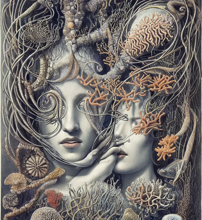 Image similar to realistic detailed underwater portrait of the goddess of the fish of the three times with an intricate headdress of corals, sea kelp, sea plants, fish, jellyfish, art by archimboldo and ernst haeckel, face in focus in the middle, neo - gothic, gothic,