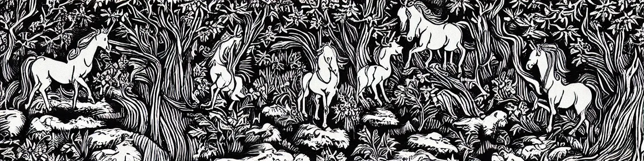 Prompt: Elaborate wallpaper print of A Unicorn in a sacred forest in the style of Albrecht Durer and Martin Schongauer, high contrast finely carved woodcut black and white crisp edges