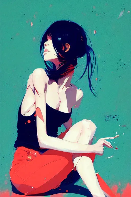 Prompt: a ultradetailed beautiful painting of a stylish woman sitting on the floor of a tiled room, by conrad roset, greg rutkowski and makoto shinkai trending on artstation