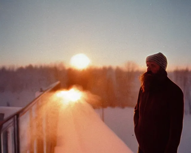 Prompt: lomographic film still photo of 4 0 years russian man with beard and sweater standing on small hrushevka 9 th floor balcony full with cigarette smoke in winter taiga looking at sunset, cinestill, bokeh
