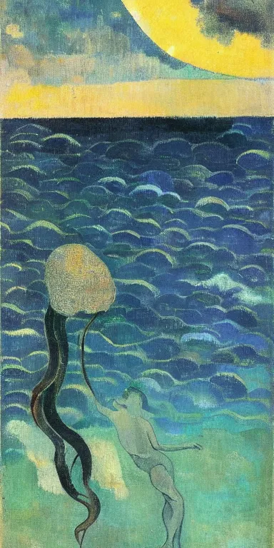 Image similar to black!! jellyfish in a vast ocean by paul gauguin, serene, calm, minimalist!!!