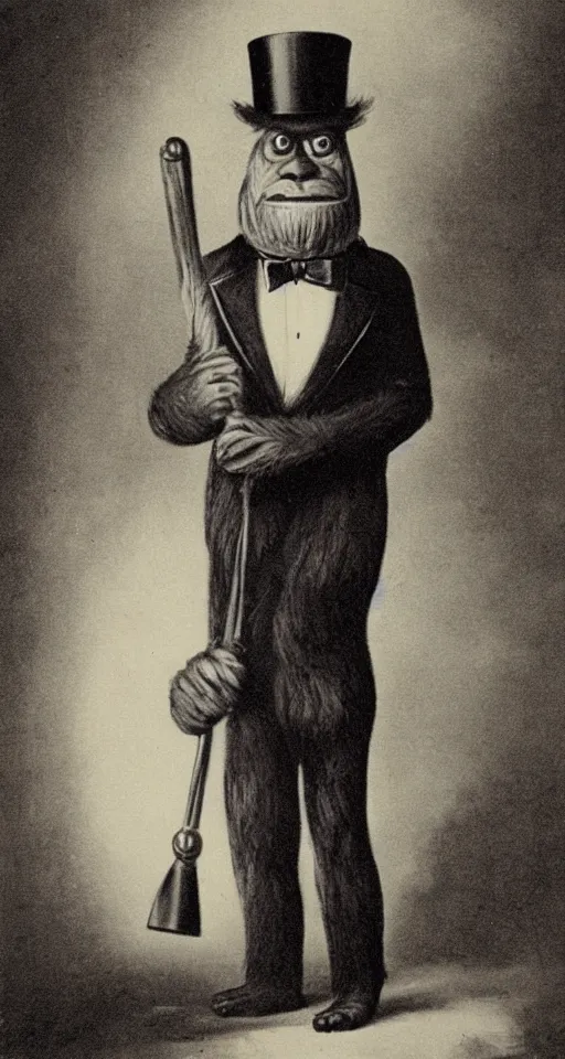 Image similar to a vintage portrait of a dignified bigfoot wearing a top hat and carrying a cane