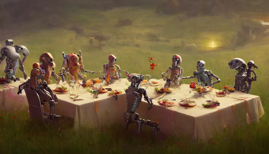 Image similar to a table dinner of robots where robots are dressed like the characters from the midsommar movie wearing flowers, realistic detailed digital art by maxwell boas jessica rossier christian dimitrov anton fadeev trending on artstation cgsociety rendered in unreal engine 4 k hq