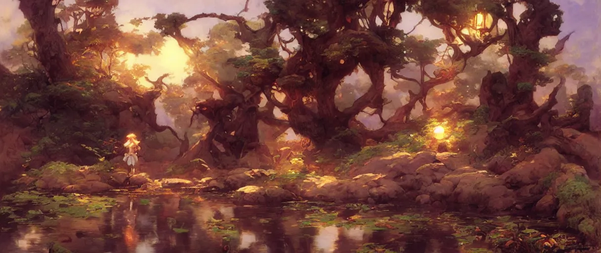 Prompt: cute anime landscape painting by gaston bussiere, craig mullins, j. c. leyendecker