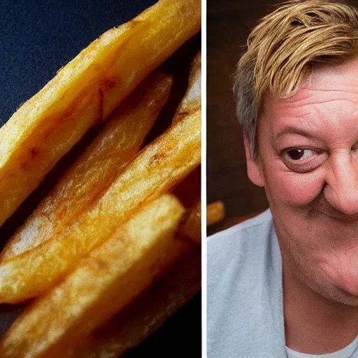 Image similar to photo of [ a single french fry chip ] shaped into stephen fry as a hybrid intercross mix