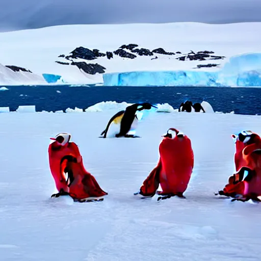 Image similar to a red camping chair in the middle of antarctica. the chair is 3 0 meters away from the camera and the chair is surrounded by a group of penguins.