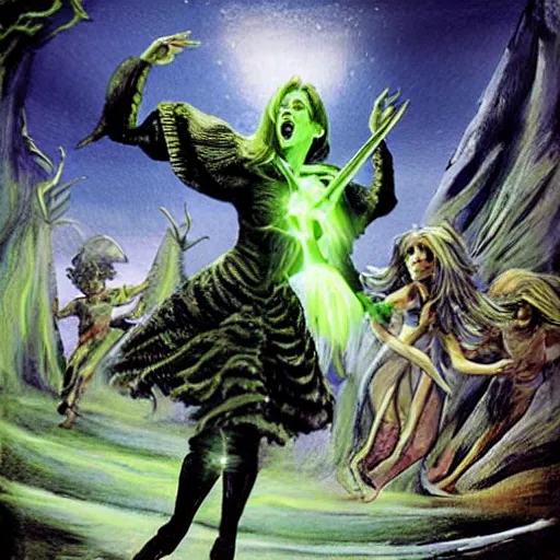 Image similar to epic fantasy painting of the wicked witch of the west summoning magical energy in order to shoot a huge fireball ; action pose, intense screaming expression, oz series, played by margaret hamilton, thatched worn rooftop background, art by adam hughes, in the style of adam hughes