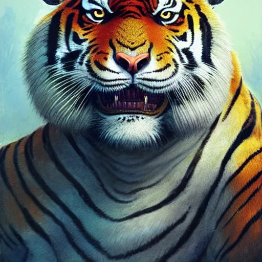 Image similar to head and shoulders portrait of a tiger rakshasa, d & d, fantasy, greg rutkowski, frank frazetta, alexandre chaudret, boris vallejo, michael whelan, miro petrov, hr giger, magali villeneuve, donato giancola