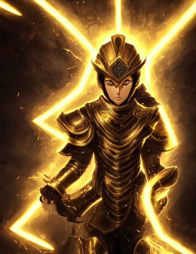 Image similar to a detailed manga portrait of a black haired man with hazel eyes in gleaming golden armour with arcane energy symbols in air around him, trending on artstation, digital art, 4 k resolution, detailed, high quality, sharp focus, hq artwork, coherent, insane detail, character portrait