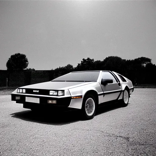 Image similar to 1985 DeLorean DMC-12 in a cinema drive-in, 1940's photography, old grain