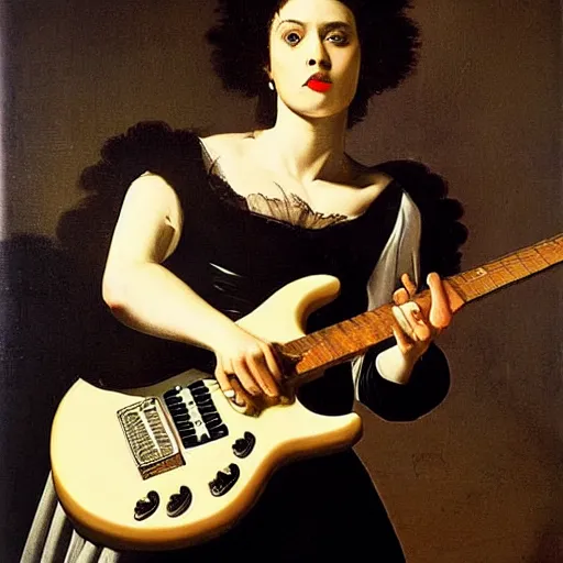 Prompt: St. Vincent playing electric guitar by Caravaggio