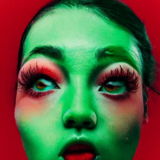 Image similar to medium shot open human mouth with thick viscous green liquid pouring out, thick red lips, human staring blankly ahead, melancholy, unsettling, art house film aesthetic, color grain 3 5 mm, hyperrealism