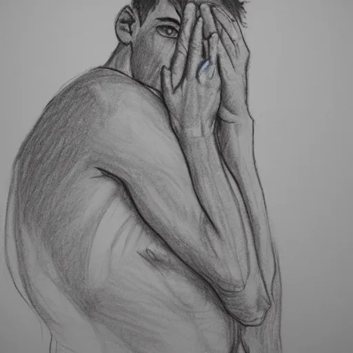 Image similar to a drawn man with depression. pencil sketch.