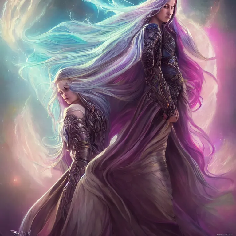 Image similar to beautiful cinematic fantasy poster, a beautiful princess queen with dark rainbow angel wings with flowing illuminated hair, beautiful glowing galaxy eyes, wideshot ultrawide angle epic scale, hybrid from The Elden Ring and art direction by Darius Zawadzki ;by artgerm; wayne reynolds art station; cinematic quality character render; low angle; ultra high quality model; production quality cinema model;